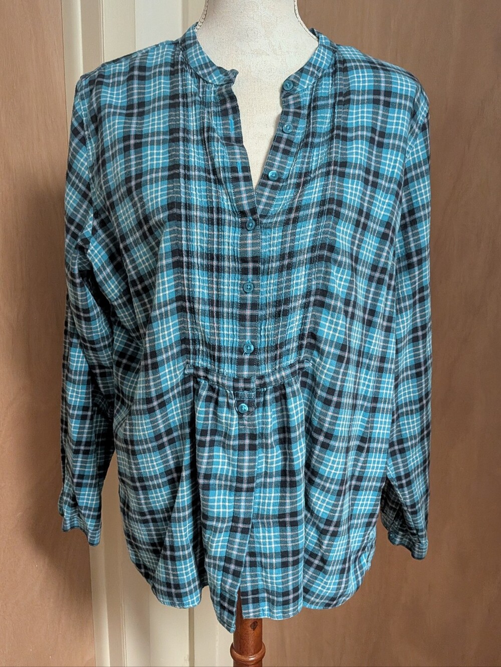 L.L.Bean 100% Cotton Plaid Tunic Top Teal Blue Black Tie Waist L